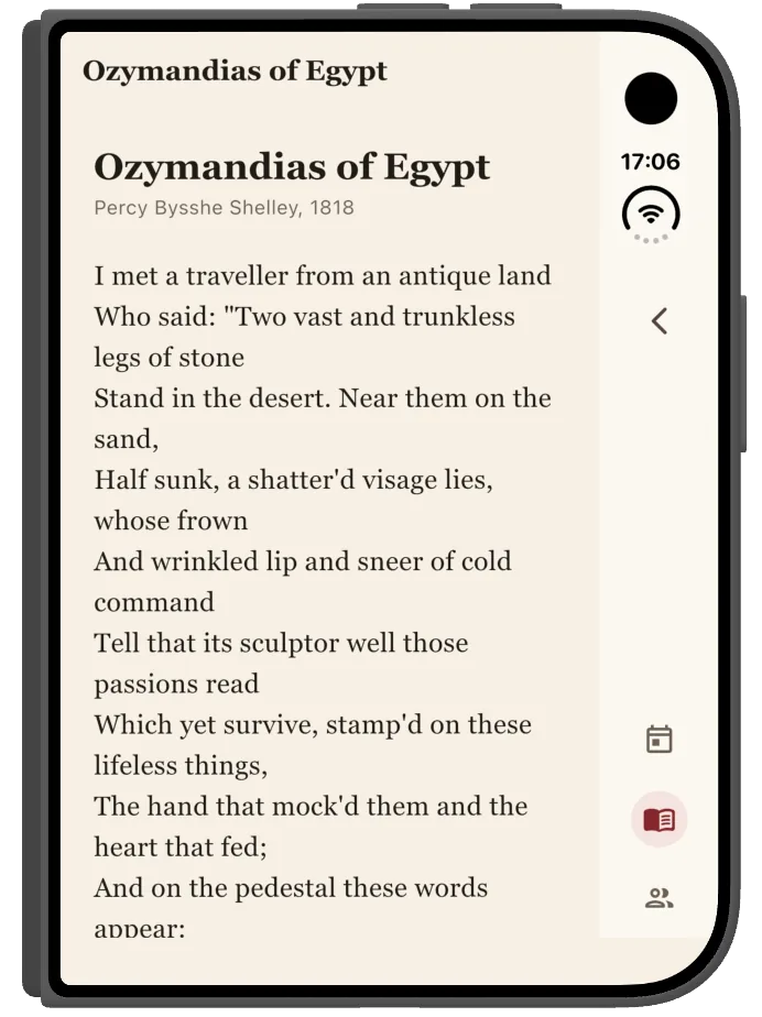 The closed iPhone Duo showing a poem. Along the right edge, a narrow column holds the clock and status icons at the top, the page's Back button below them, and three tab icons at the bottom; the page fills the rest of the screen to its left.